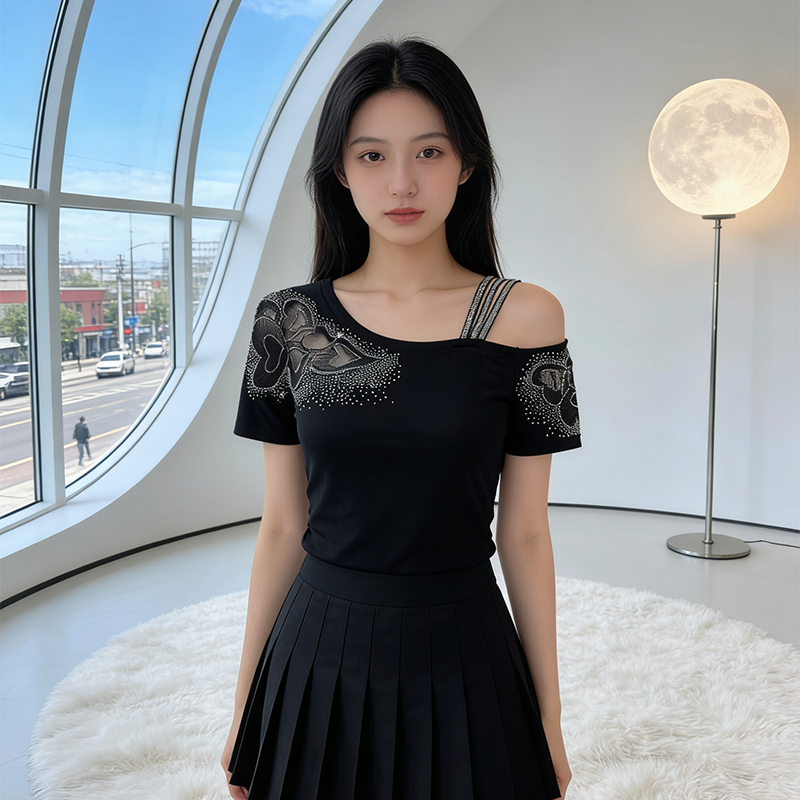 여름 오프숄더 디자인 무거운 작업 레이스 핫픽스 아름다움 뒤로 다용도 패션 몸매 가꾸기 슬림해 보이는 맨위 여성 티셔츠 반팔 셔츠