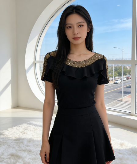 프랑스식 프릴 무거운 작업 핫픽스 여름 반팔 맨위 여성 표지 고기 슬림해 보이는 패션 다용도 티셔츠 기본 셔츠 트렌디