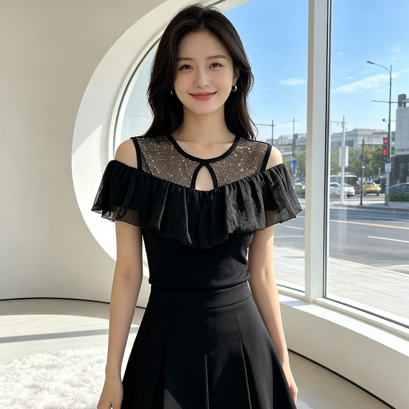 빛 럭셔리 질감 프로모션 품격 세팅 스와로브스키 여름 프릴 몸매 가꾸기 슬림해 보이는 여성 의류 티셔츠 우아함 다용도 셔츠