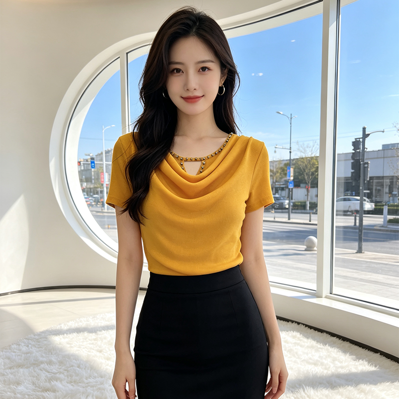 무거운 작업 다이아몬드 세팅 흔들다 칼라 여름 반팔 티셔츠 품격 몸매 가꾸기 순수한 욕망 바람 슬림해 보이는 분위기 센스 당겨서 전체 의류 블라우스