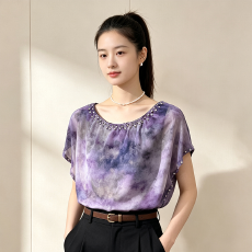 批发紫色扎染雪纺衫女夏季新款重工镶钻气质宽松显瘦遮肉洋气百搭小衫