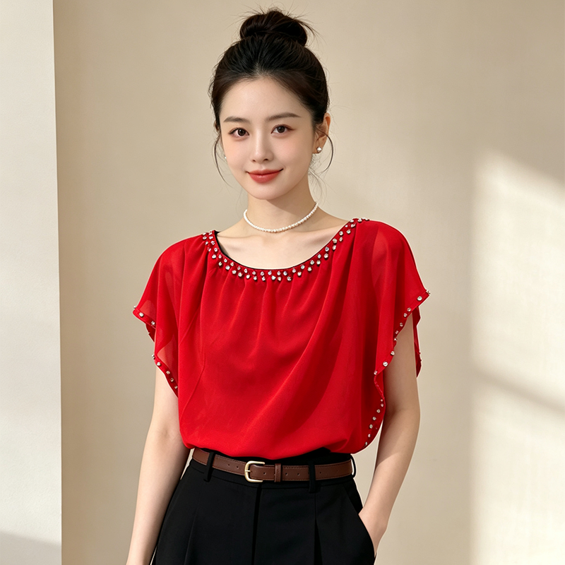 고급 못 훈련 쉬폰 톱 여성 여름 빛 럭셔리 도루 센스 루즈핏 배트윙 소매 작은 셔츠 품격 다용도 쇼트 스타일 티셔츠