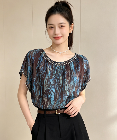 빛 럭셔리 다이아몬드 세팅 쉬폰 톱 여성 여름 고급 블루스 패드 염색 프린트 배트맨 루즈핏 다용도 품격 작은 셔츠