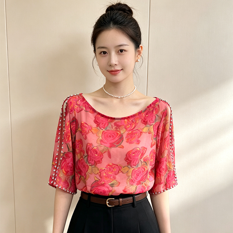 프린트 쉬폰 여름 무거운 작업 못 훈련 프랑스식 레트로 맨위 여성 루즈핏 표지 고기 허리 수축 5 점 소매 티셔츠 작은 셔츠