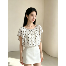 批发夏季法式波点一字肩<b class='q'>雪纺</b><b class='q'>上衣</b>女镶钻收腰遮肉百搭气质精致T恤小衫