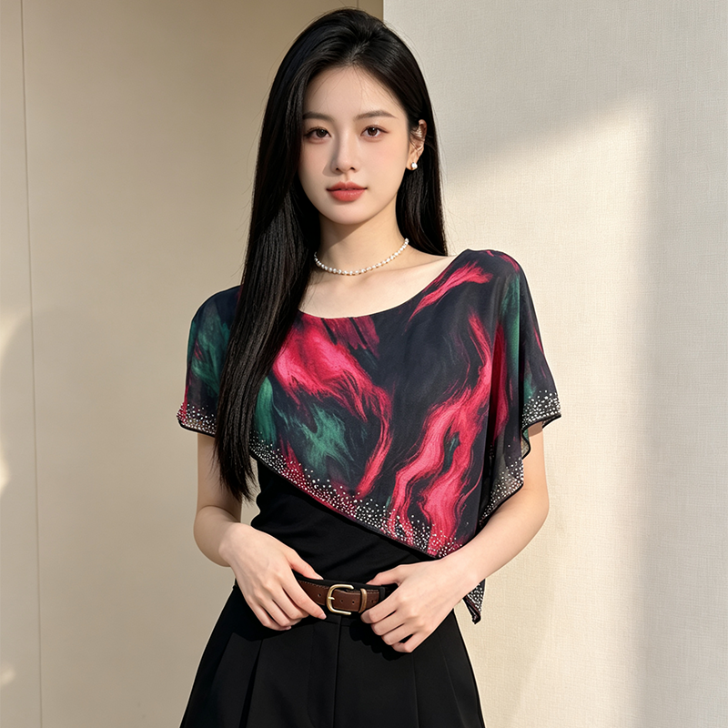 BY27005# 夏季气质镶钻披肩假两件无袖上衣女印花遮肩显瘦百搭洋气通勤小衫 服裝批發女裝批發服飾貨源