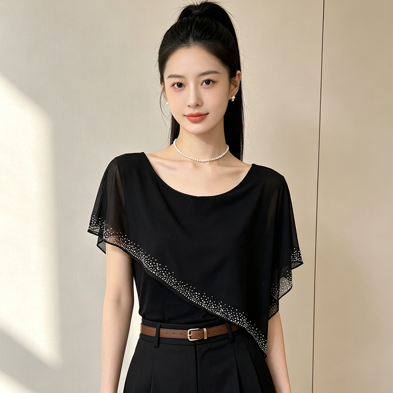 BY27006# 圆领不规则镶钻上衣女夏季修身显瘦通勤百搭新款时尚T恤通勤小衫 服裝批發女裝批發服飾貨源