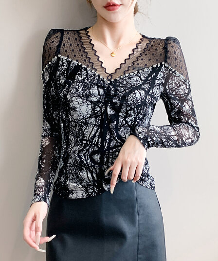 실사 비즈 박기 다이아몬드 세팅 몸매 가꾸기 슬림해 보이는 디자인 센스 빛 럭셔리 망사 프린트 패션 외국 가스 작은 셔츠 긴팔 질량 물품