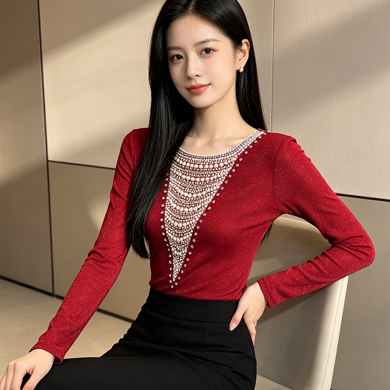 重工钉珠网纱长袖上衣女设计感轻奢百搭修身显瘦气质打底小衫T恤 服裝批發女裝批發服飾貨源