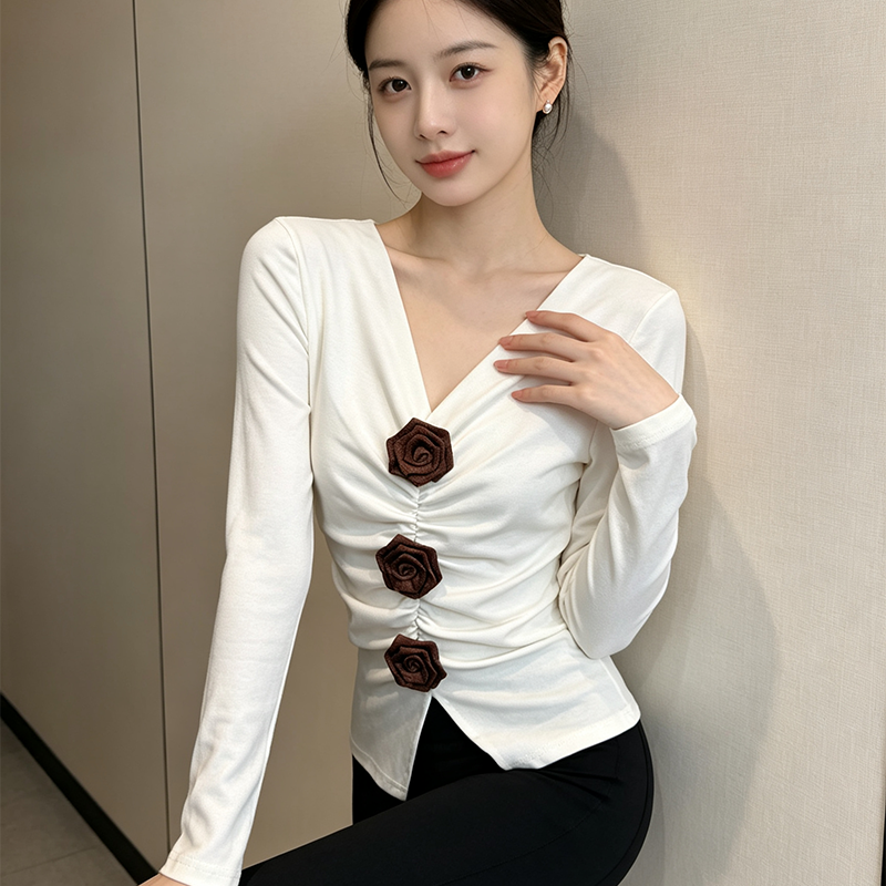 法式V领立体花朵长袖T恤女褶皱收腰显瘦上衣气质修身开叉打底小衫 服裝批發女裝批發服飾貨源