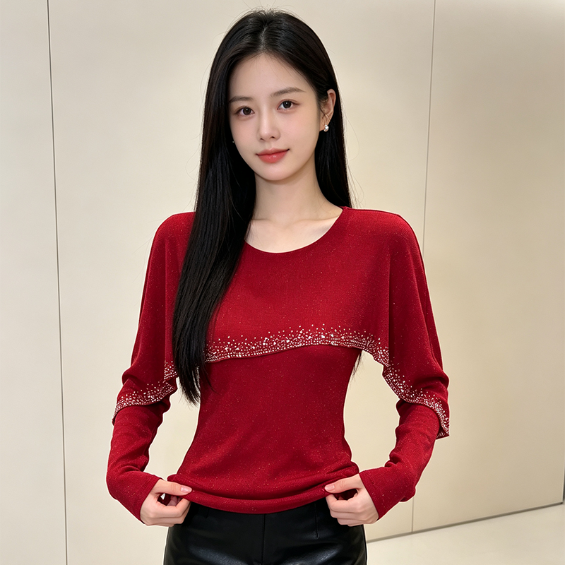 轻奢烫钻打底衫女秋季新款荷叶边...