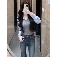 批发Mess Studio 辣妹毛织拼接<b class='q'>衬衣</b>修身条纹假两件上衣长袖<b class='q'>衬衫</b>女短款