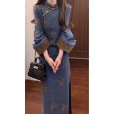 批发新中式国风复古高级感<b class='q'>改良</b><b class='q'>旗袍</b>连衣裙秋冬季民国风牛仔长裙