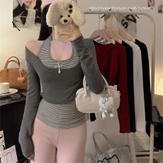 批发实拍不减~人棉磨毛保暖挂脖条纹背心带胸垫+长袖大圆领上衣两件套