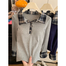 批发实拍不减～学院风Polo领格子<b class='q'>衬衫女</b>春季假两件长袖带胸垫t恤上衣