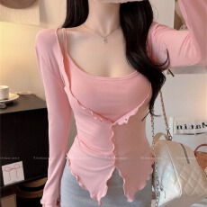 批发新款时尚甜美套装木耳边人棉长袖开衫叠穿女方领背心固定带胸垫