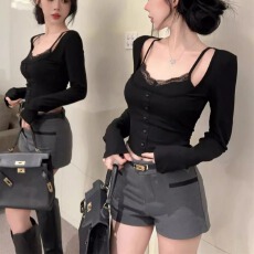 批发纽扣纯欲性感精致2026辣妹复古风法式浪漫高级露脐带胸垫蕾丝上衣