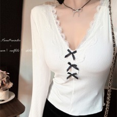 批发人棉蝴蝶结蕾丝花边打底衫女春季小心机v领别致独特长袖T恤上衣