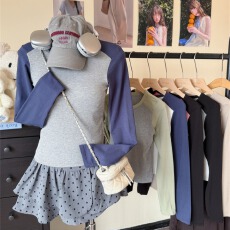 批发实拍设计感插肩袖人棉长袖T恤女自带胸垫打底衫早春薄款小众上衣