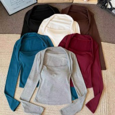 批发新款人棉上衣弹力修身显瘦带胸垫长袖T恤<b class='q'>女装</b>春季内搭外穿打底衫