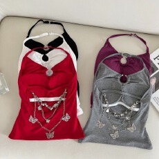 批发辣妹拽姐蝴蝶链条露背背心带胸垫一体固定杯性感爆款小众设计感女