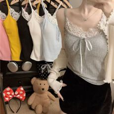 批发甜美蕾丝拼接蝴蝶结辣妹上衣女夏季纯欲风修身内搭短款美背