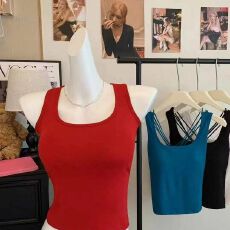 批发夏季新款性感U领后面交叉设计修身显瘦内搭一体式带胸垫百搭