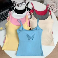 批发美式甜辣少女风纯色性感刺绣镂空设计吊带露背固定胸垫百搭修身