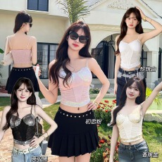 批发性感别致亮片网纱抹胸吊带辣妹上衣女夏季纯欲风修身内搭短款美背