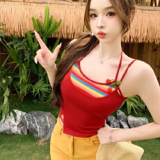 批发晨领假两件带胸垫40支人棉260克多巴胺背心吊带夏季内搭外穿挂脖