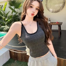 批发法式复古U领条纹吊带休闲<b class='q'>百搭</b>美背固定胸垫夏季新款修身气质上衣