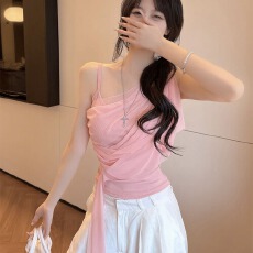 批发纯欲风设计感网纱不规则拼接背心吊带女夏季新款辣妹修身短款上衣