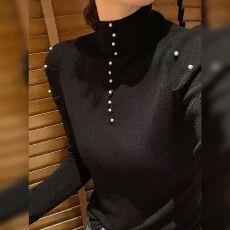 批发欧洲站2025秋冬半<b class='q'>高领</b>泡泡袖钉珍珠羊毛<b class='q'>打底衫</b>百搭针织上衣女g01