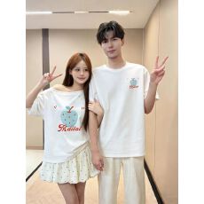 批发超好看的特别的<b class='q'>情侣装</b>斜肩短袖T恤2026新款夏季小众童趣印花上衣