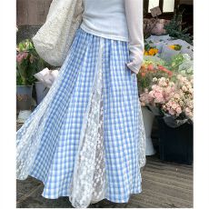 批发<b class='q'>不规则</b>蕾丝蓝色格子<b class='q'>半身裙</b>女夏季新款裙子海边穿搭度假长裙女
