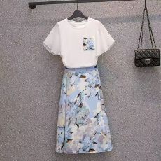 批发高级法式连衣裙<b class='q'>套装</b>女夏季新款印花显瘦气质半身裙时尚两件套女夏