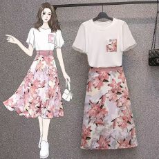 批发高级法式连衣裙<b class='q'>套装</b>女夏季新款印花显瘦气质半身裙时尚两件套女夏