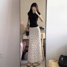 批发白色蝴蝶结印花蕾丝鱼尾半身裙女夏小个子高腰显瘦度假风包臀长裙