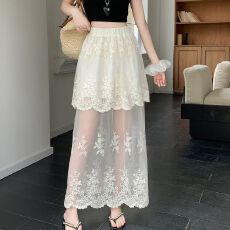 批发法式蕾丝拼接<b class='q'>半身裙</b>女夏季薄款网纱拼接高腰a字纱裙长裙