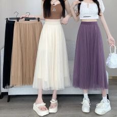 批发垂坠感网纱<b class='q'>半身裙</b>女2026夏季新款双层百褶a字裙<b class='q'>高腰</b>显瘦薄款纱裙
