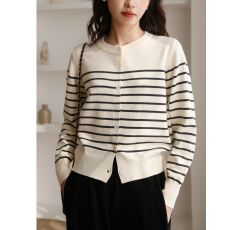 批发女装莫代尔棉混纺复古条纹<b class='q'>针织</b><b class='q'>小开</b><b class='q'>衫</b>春秋季新款百搭别致外搭毛衣