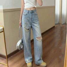 批发韩系浅蓝色复古破洞牛仔<b class='q'>裤</b>春秋高腰显瘦直筒<b class='q'>裤</b>垂感<b class='q'>百搭</b>阔腿牛仔<b class='q'>裤</b>