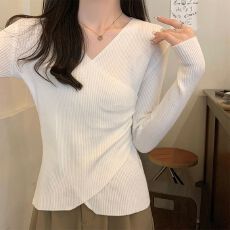 批发【丝光棉针织】法式针织长袖女v领设计感小众毛衣漂亮紧身上衣