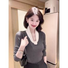 批发包心纱）小香风撞色V领针织衫秋<b class='q'>冬</b>款时尚气质修身内搭羊毛打底衫