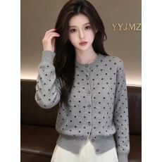 批发秋季新款波点针织开衫女慵懒风修身小众百搭长袖上衣