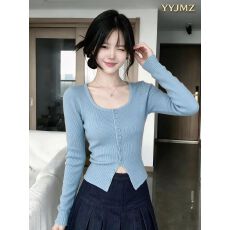 批发韩系方领针织开衫女早秋季小香风修身打底衫短款上衣