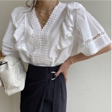 批发有货 2026春夏 法式复古<b class='q'>镂空</b>钩花拼接百搭衬衫上衣