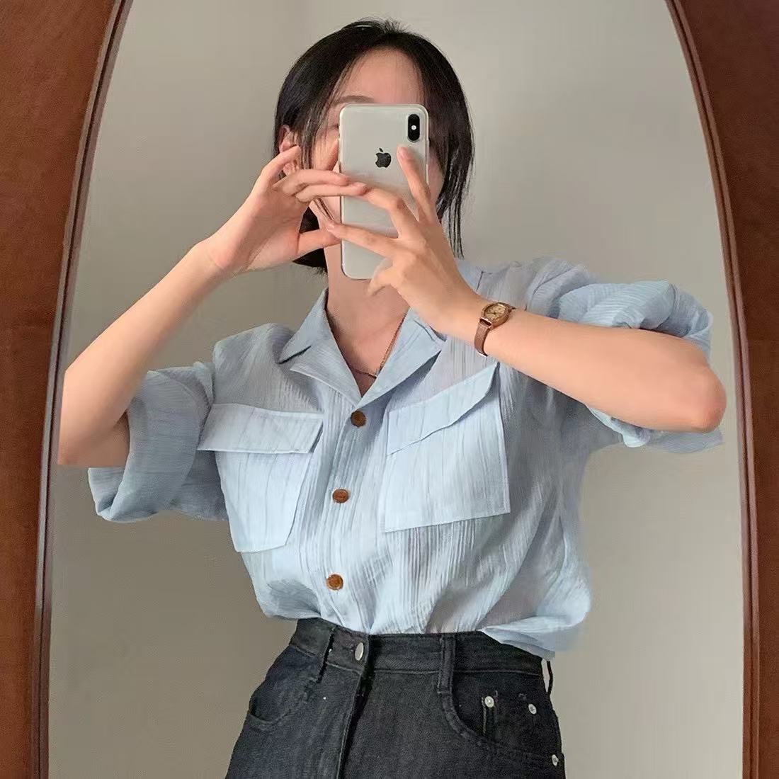 原版chic轻薄复古通勤西装领卷边短袖衬衫女宽松口袋别致上衣