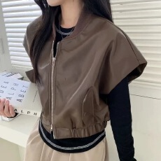 批发现 韩版拼接针织领双拉链坎肩PU皮宽松百搭无袖马甲外套女