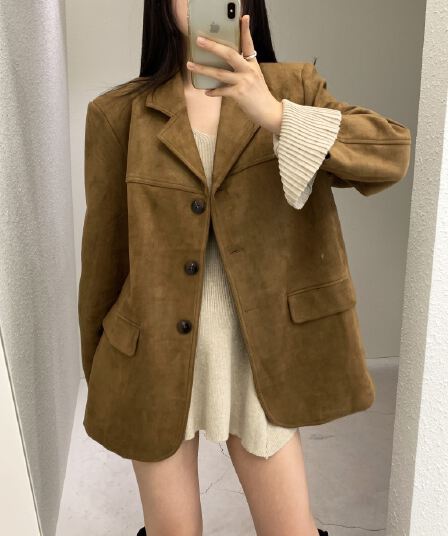 있음 밖으로 chic 한국 가을 겨울 아메리칸 레트로 커피 색상 사슴 캐시미어 블레이저 아름다움 라드. 긴팔 정장 여성